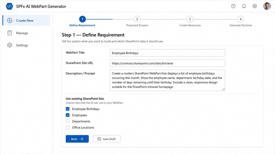 Define requirement screen with prompt and selected SharePoint lists.