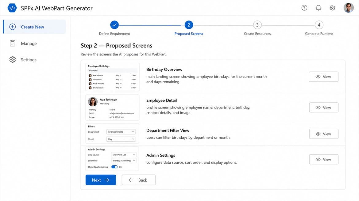 Proposed screens step showing birthday overview, employee detail, filter, and admin settings screens.