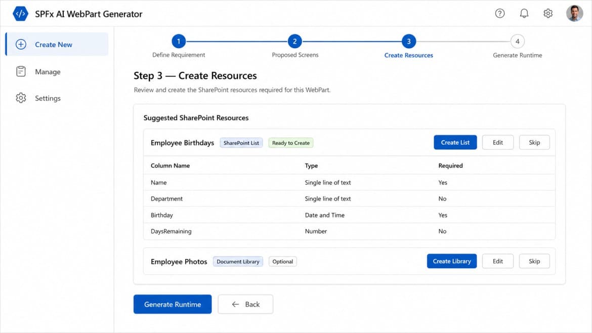 Create resources step showing suggested SharePoint list columns and document library setup.
